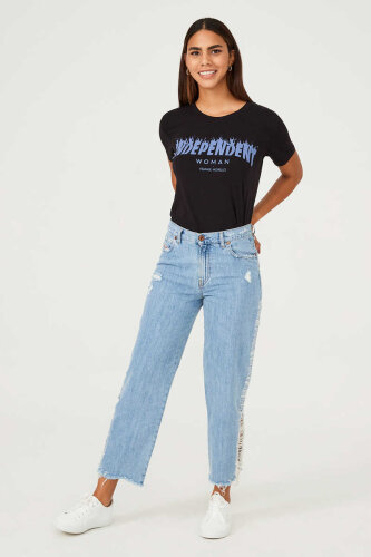 Diesel Kadın Bol Paça Yırtık Detaylı Jean Pantolon - DIESEL