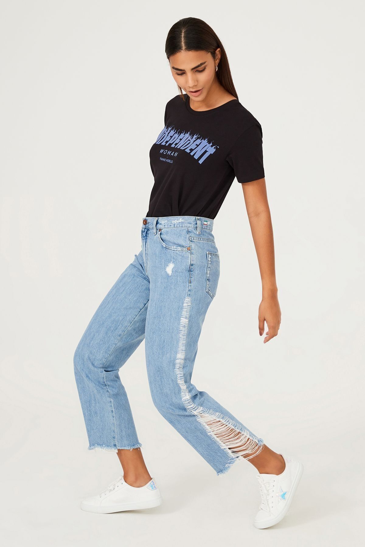 Diesel Kadın Bol Paça Yırtık Detaylı Jean Pantolon - 5