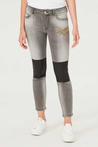 Kadın Deri Detaylı Dar Paça Jeans - 2