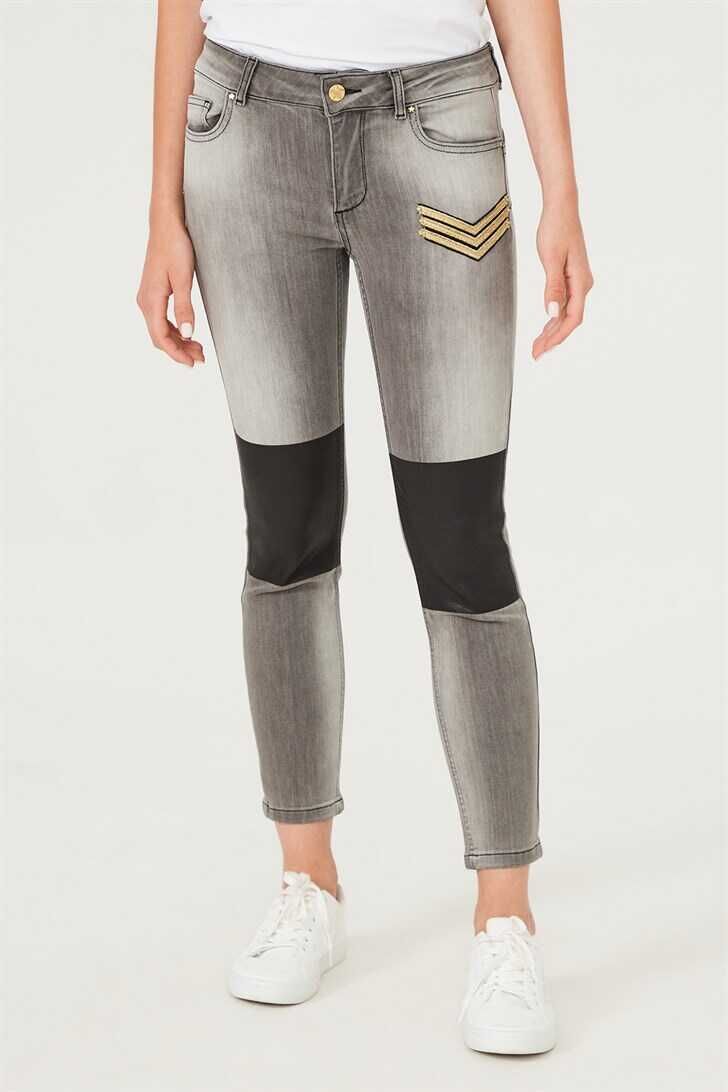Kadın Deri Detaylı Dar Paça Jeans - 2