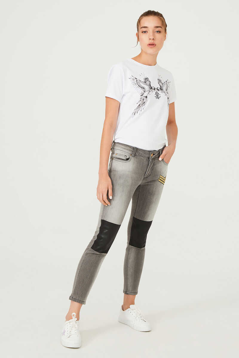 Kadın Deri Detaylı Dar Paça Jeans - 3