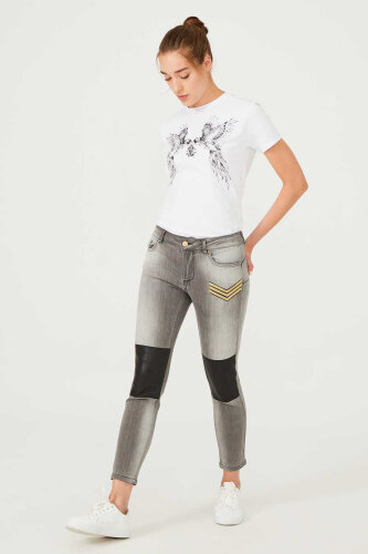 Kadın Deri Detaylı Dar Paça Jeans - 1