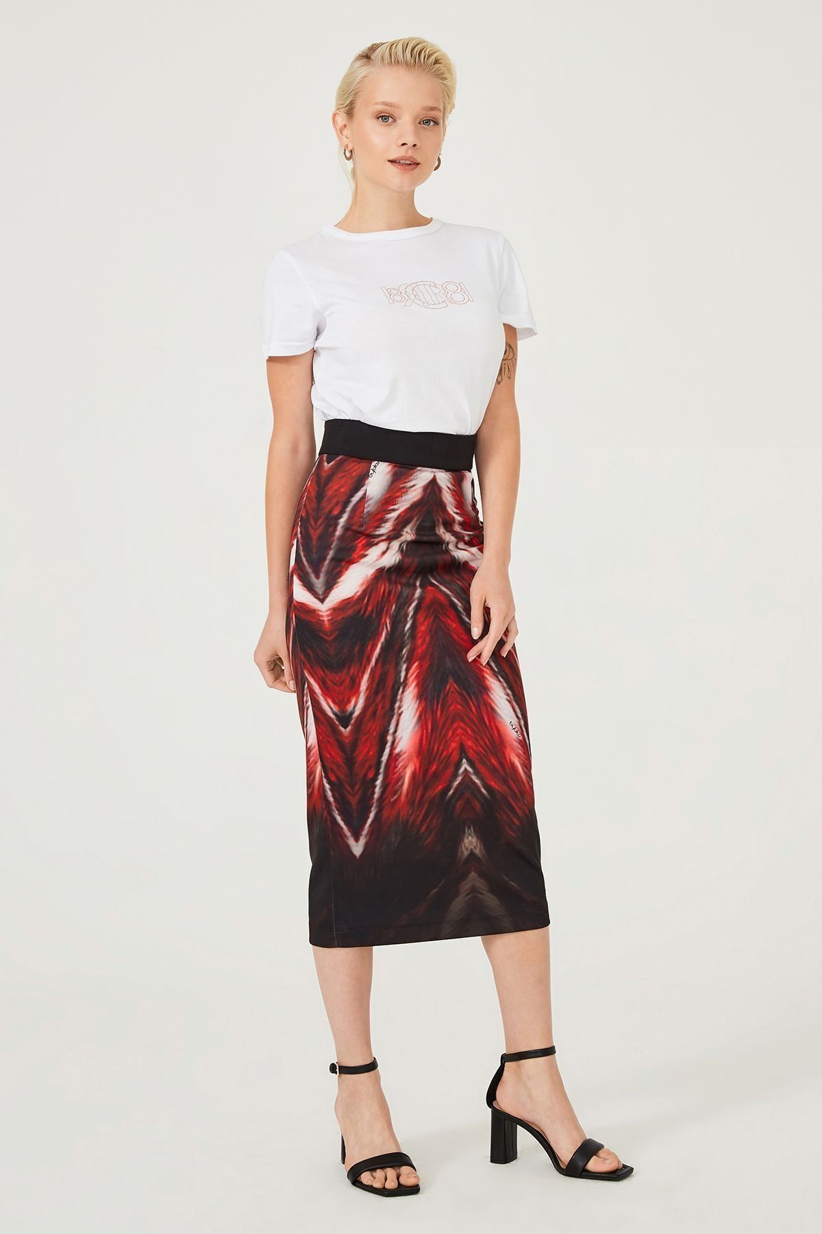 Kadın Desenli Midi Kalem Etek - 6