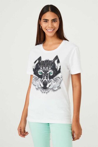 Kadın Kurt Figürlü Bisiklet Yaka T-Shirt - 1