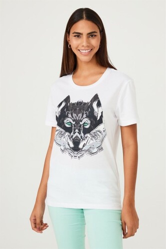 Kadın Kurt Figürlü Bisiklet Yaka T-Shirt - 5