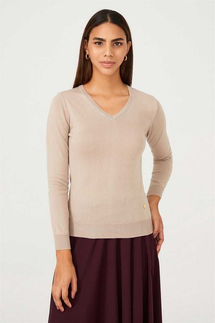 Kadın V yaka Triko Kazak - 1