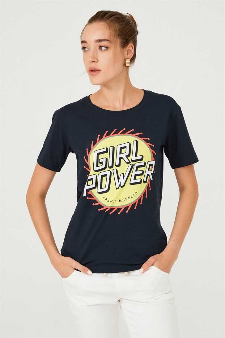 Yazılı Bisiklet Yaka Kadın T-Shirt - 1