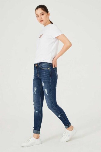 Yırtrık Dar Paça Kadın Jeans - 5